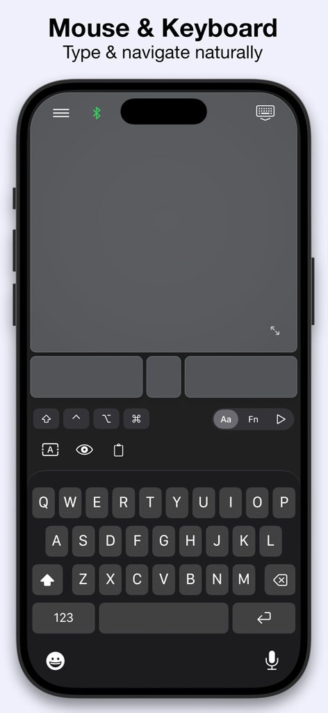 Interfaz de la aplicación Mobile Mouse USB Remote que muestra un teclado virtual y un touchpad multitáctil en una pantalla de iPhone