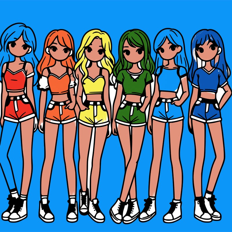 a group of girls wearing crop tops and shorts