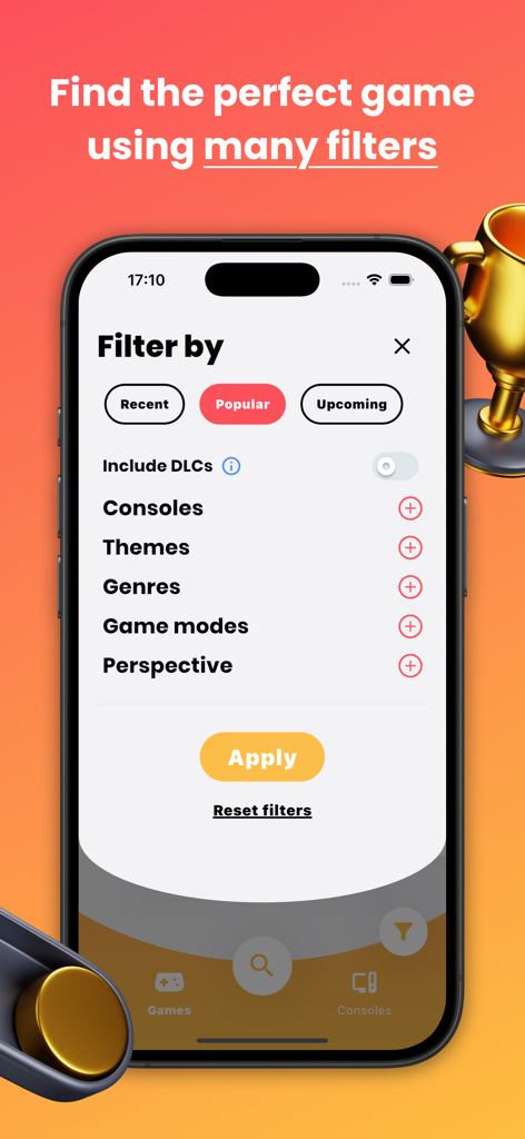 Radion - Video Games - Interface de filtres de recherche avancés pour les jeux vidéo dans l'application Radion montrant des catégories comme les consoles et les genres