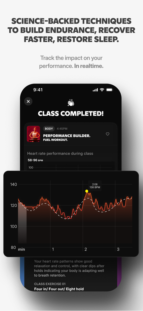 FivePointFive: Breathwork - Heart rate tracking graph and session results in the FivePointFive breathwork app