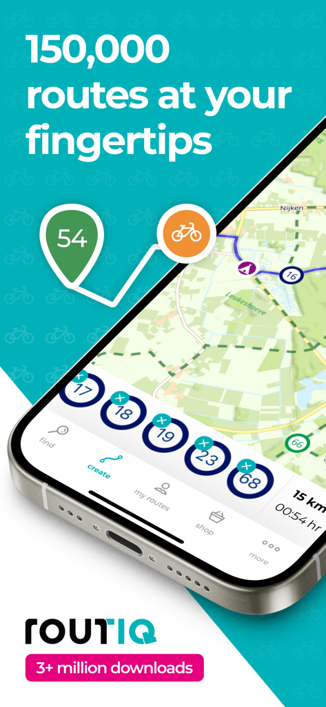Routiq, Outdoor routes - Interface do aplicativo Routiq apresentando um mapa e planejador de rotas para ciclismo e caminhada recreativos.