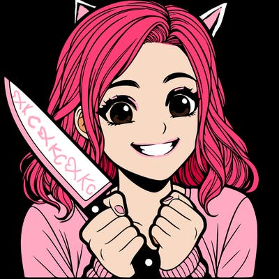 a realistic girl holding a knife and grinning