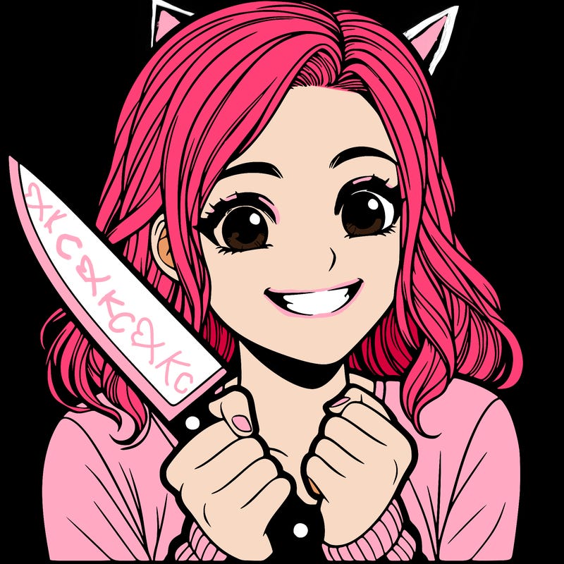 a realistic girl holding a knife and grinning