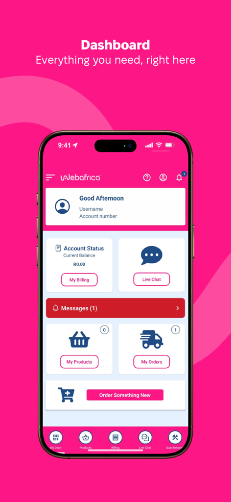 Webafrica app - The Webafrica app dashboard displaying account status, live chat, and order management options