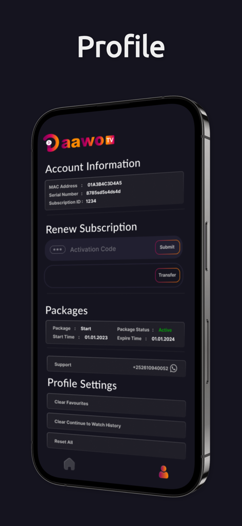 Profile page of Daawo TV app showing account info and subscription status