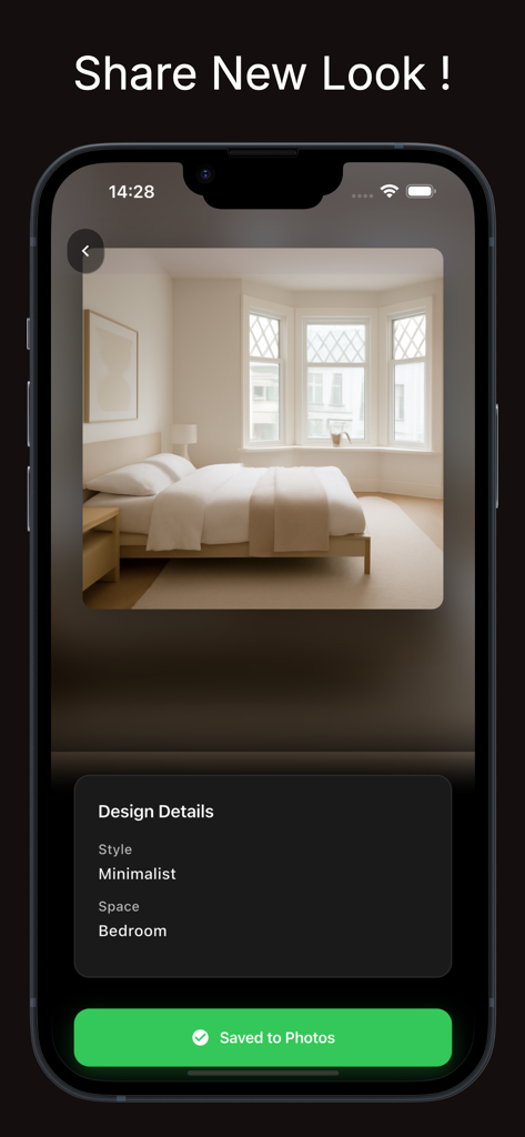 rerender : AI Interior Design - Interfaz de la aplicación rerender que muestra un diseño de dormitorio minimalista con una notificación de guardado en fotos.