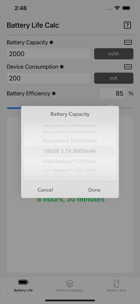 Battery life calculator interface showing a selection menu for common battery capacities