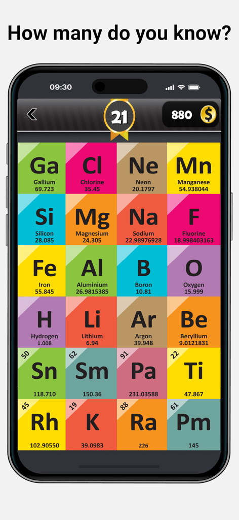 Periodic Table: Elements Quiz - A mobile screen showing a colorful grid of chemical element tiles for a periodic table memorization quiz.