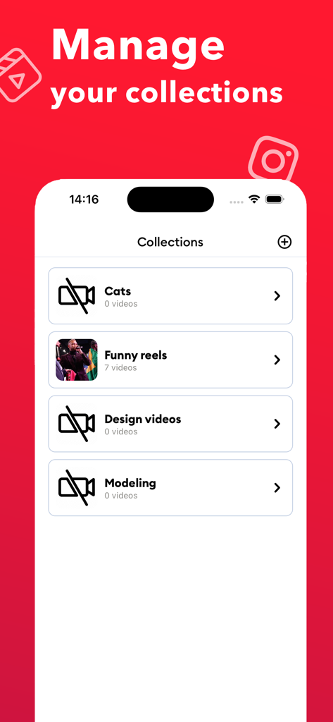 Interfaz de la aplicación InSave mostrando una lista de colecciones y carpetas de videos organizados