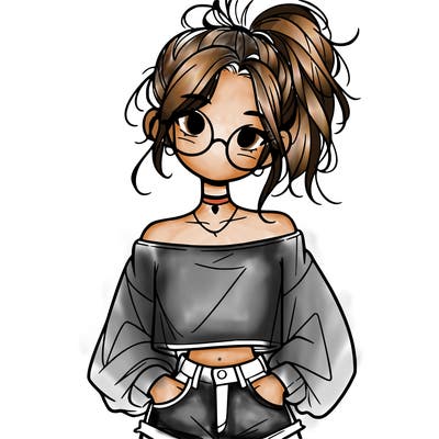 girl with a messy ponytail glasses a baggy crop top and jean shorts