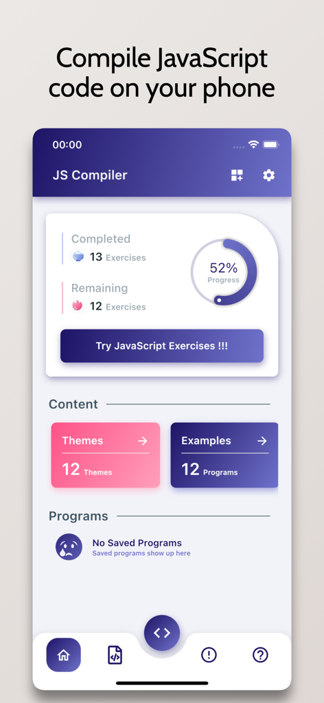 Tela inicial do aplicativo JavaScript Compiler mostrando o progresso dos exercícios e recursos de programação.