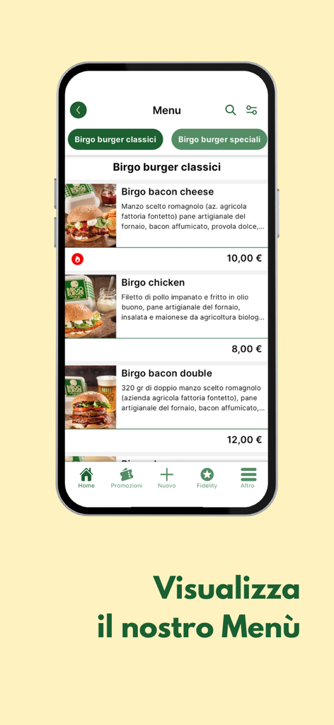 Birgo Burger - Birgo Burgerのモバイルアプリインターフェース。Birgo bacon cheeseやBirgo chickenなどの職人技バーガーのメニューと価格が表示されています。