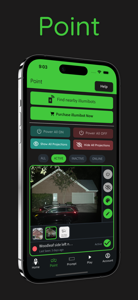 illumibot - The Point tab of the illumibot app showing controls for managing projector connections and a preview of a house exterior for projection mapping.