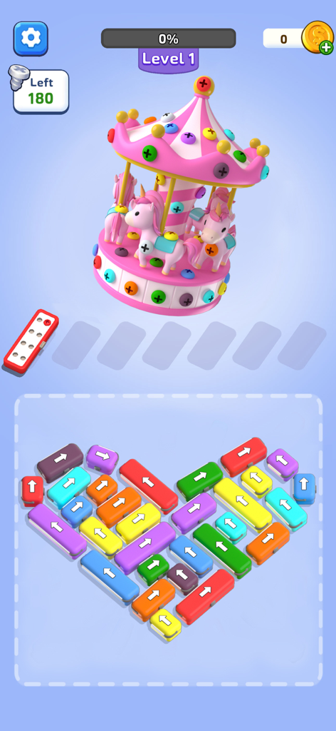 Screw Escape 3D - Car Out Jam - A 3D puzzle game screen showing a pink unicorn carousel covered in colorful screws and a heart shaped arrangement of colored blocks