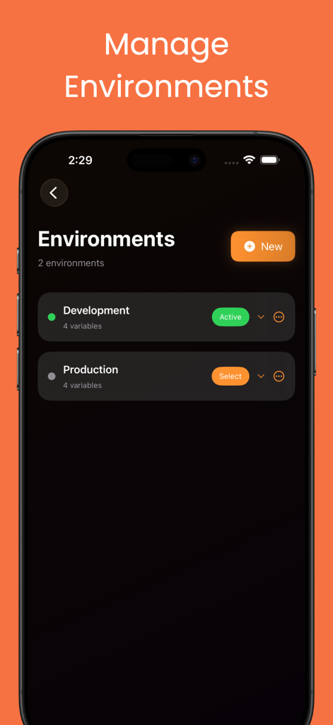 Postmon - Rest API Client - Screenshot of the Postmon app showing the environment management screen with development and production variables