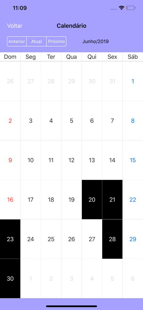 Minha Escola - Pantalla del calendario escolar mensual de la aplicación móvil Minha Escola