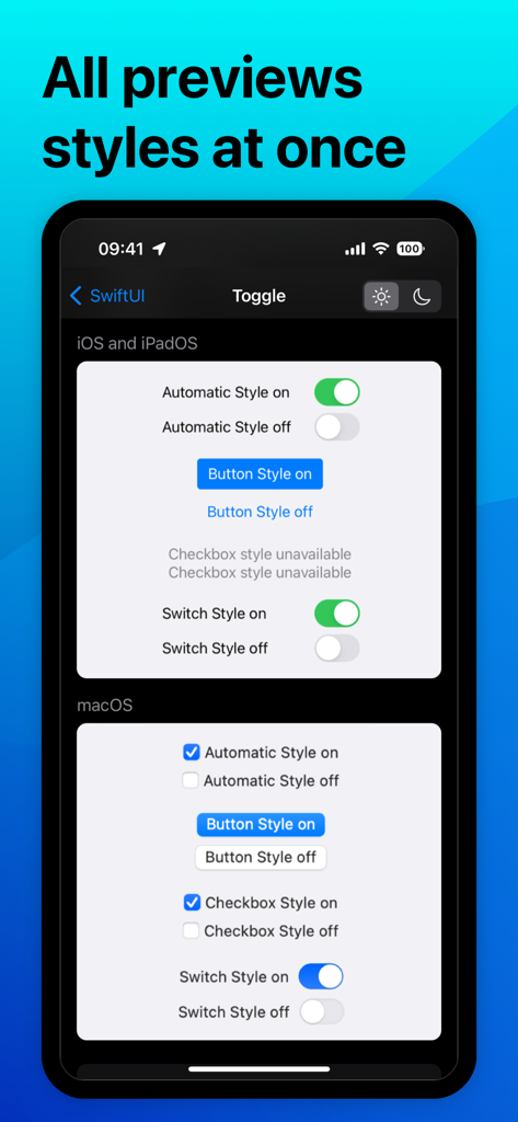 Comparison of SwiftUI toggle styles for iOS and macOS in the Swifter app