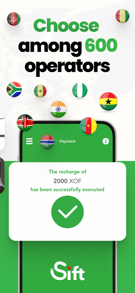 Sift Phone Recharge & Top up - Success screen of Sift app showing a completed mobile recharge of 2000 XOF with various national flags representing international operators