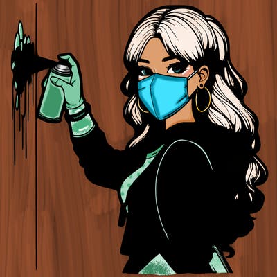 realistic girl with mask spray painting a wall