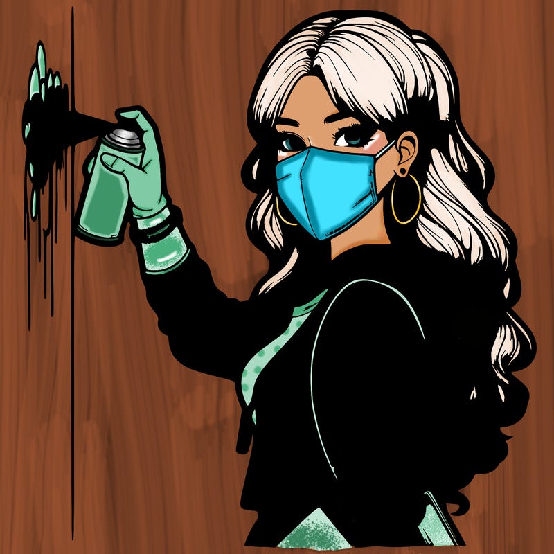 realistic girl with mask spray painting a wall