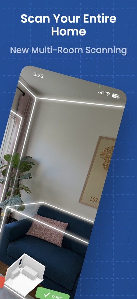LiDARを使用してリビングルームをスキャンし、3D間取り図を作成しているRoom Wizardアプリを示すiPhone画面
