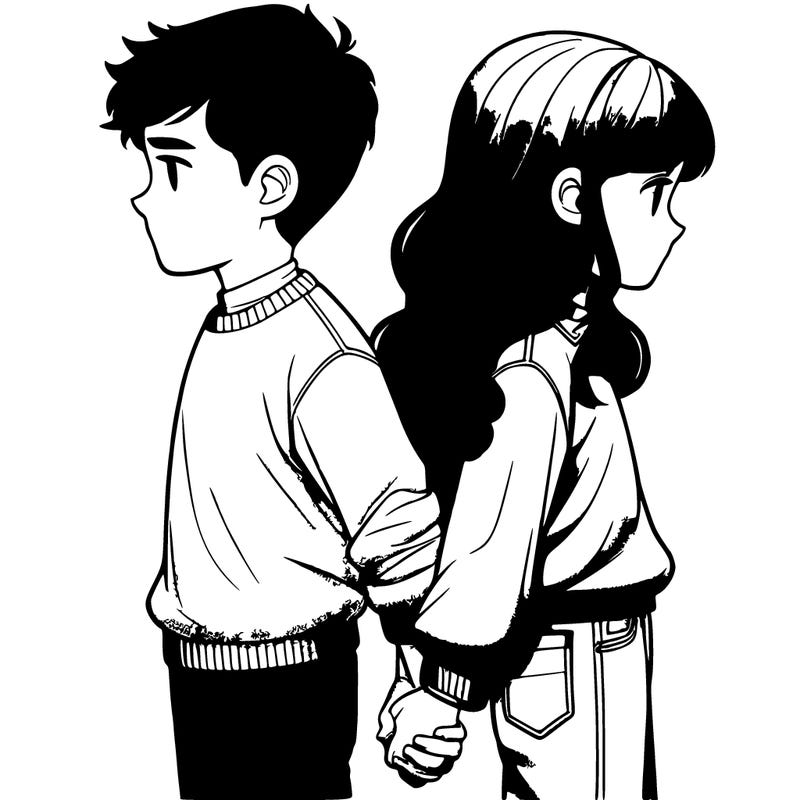 two friends back to back, holding hands, realistic