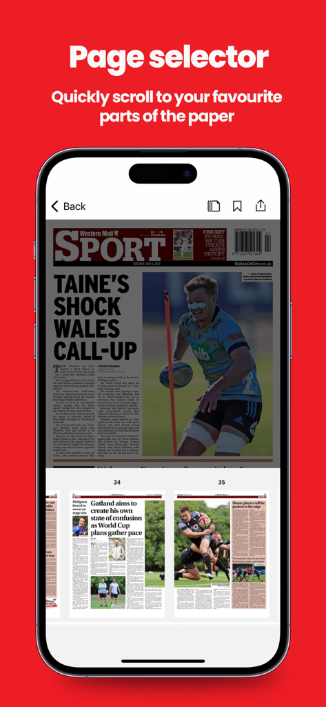 Western Mail Newspaper app showing a page selector feature for browsing the sports section