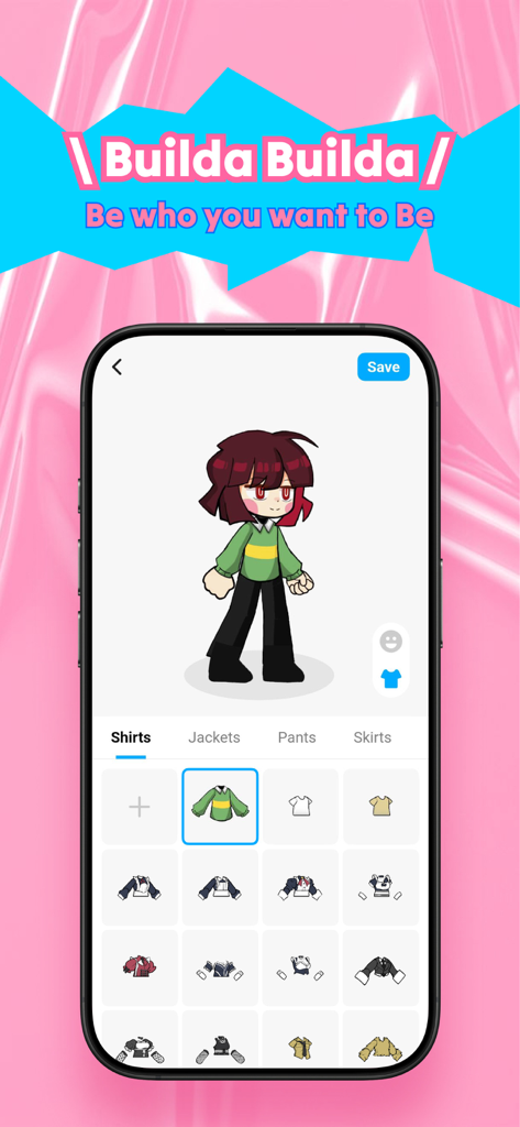 Builda: Create & Play Games - Buildaのキャラクターエディタが表示されているモバイル画面。ユーザーはオリジナルキャラクターの衣装を選択できる