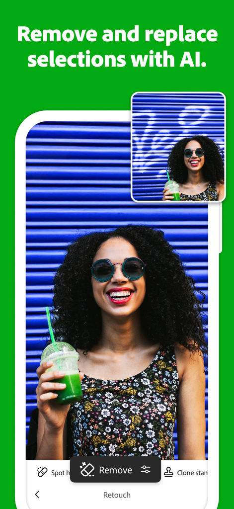 Die Benutzeroberfläche der Adobe Photoshop Mobile App zeigt die KI-Werkzeuge zum Entfernen und Ersetzen auf einem Porträtfoto
