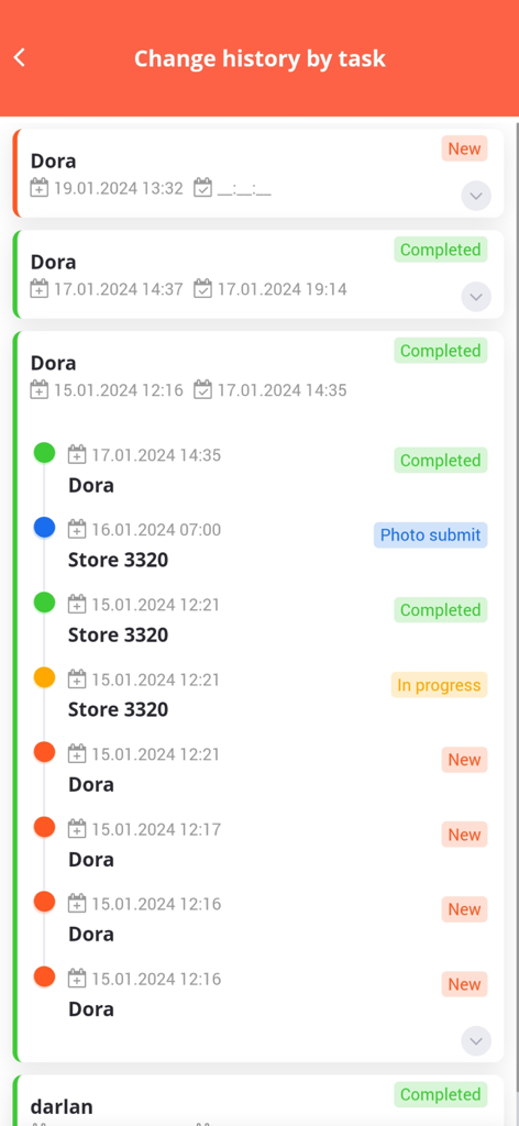 Mobile app screen showing the change history by task for retail merchandising with status labels like new and completed