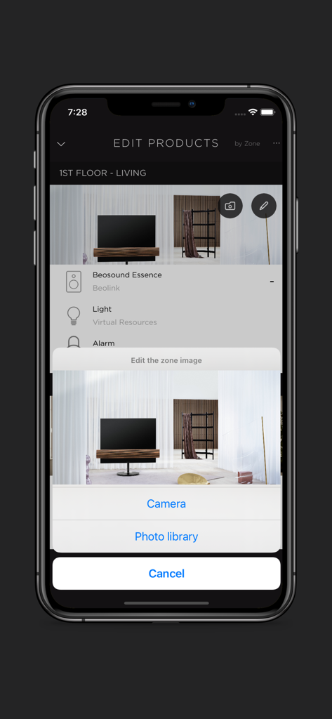 BeoLiving - BeoLiving app interface showing the options to customize a room image for a luxury smart home zone.