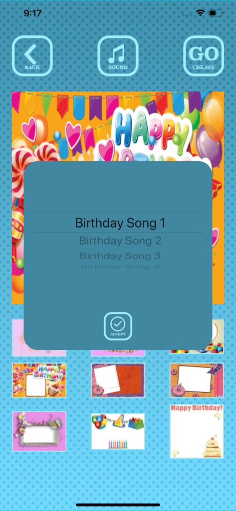 Birthday videos maker - Interfaz de la aplicación Creador de videos de cumpleaños que muestra una ventana emergente de selección de música y plantillas de marcos de cumpleaños