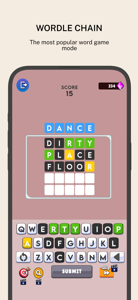 Wordle Chain gameplay screen with color-coded letter tiles and virtual keyboard