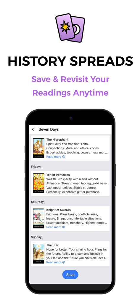 Mystic Tarot Reading & Cards - スマートフォンで保存された毎日のカードリーディングのリストを表示する「履歴スプレッド」機能を備えたMystic Tarotアプリ画面