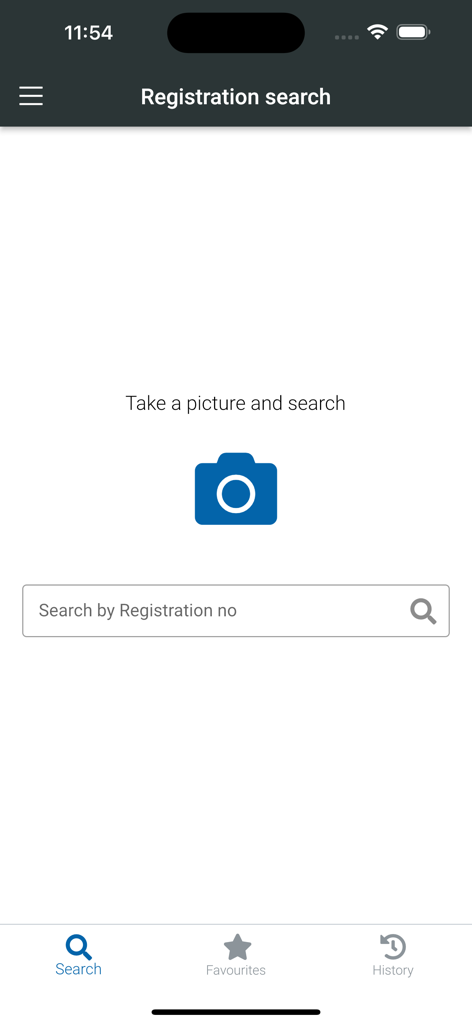 Interface of the NHVR Registration Checker app showing search options by camera or registration number