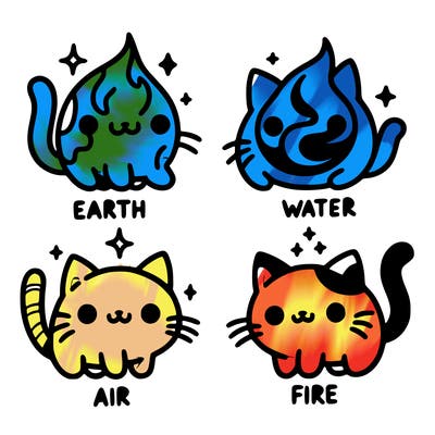 4 cats that represent the different elements, earth, water, air, and fire