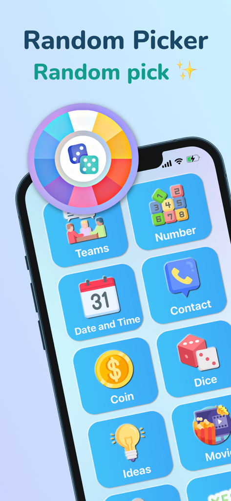 Random Wheel Generator Chooser app interface featuring various random selection tools like coin flip dice and team picker