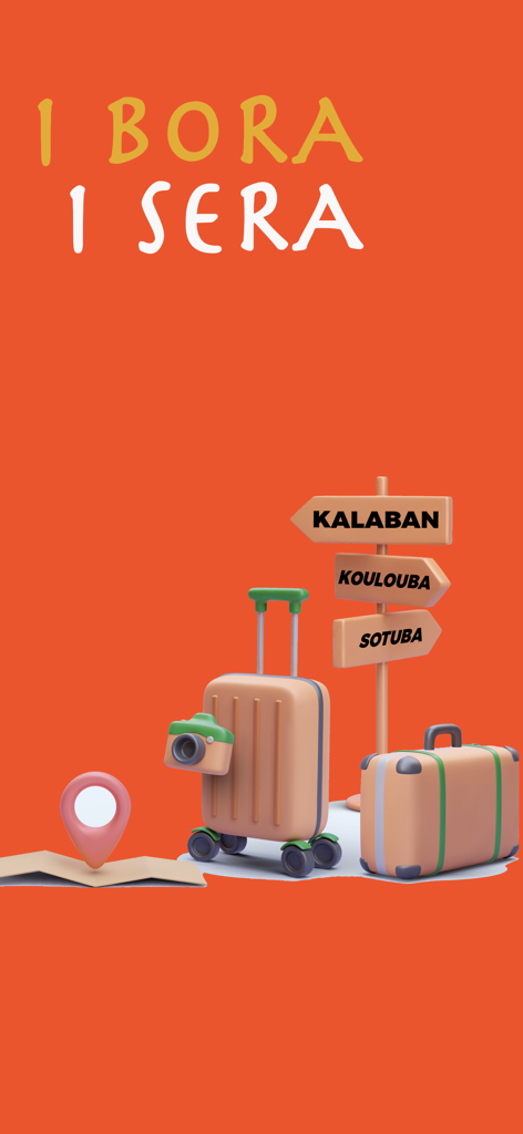 Woyo I Bora I Sera - Image promotionnelle de l'application Woyo montrant des valises, un repère de carte et des panneaux de quartiers de Bamako comme Kalaban et Koulouba.