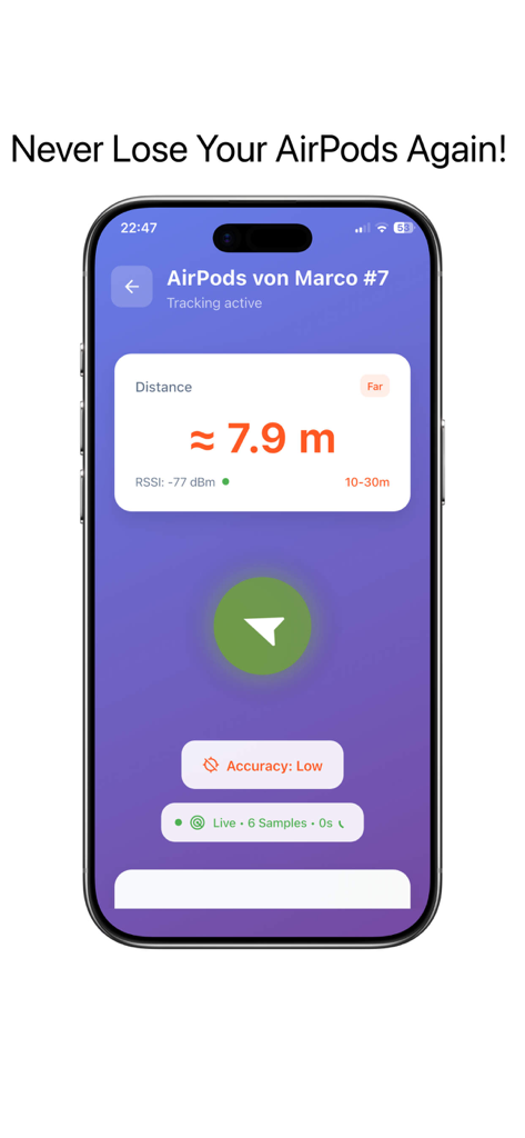 Mobile app interface displaying real-time distance tracking for lost AirPods with a distance score of 7.9 meters