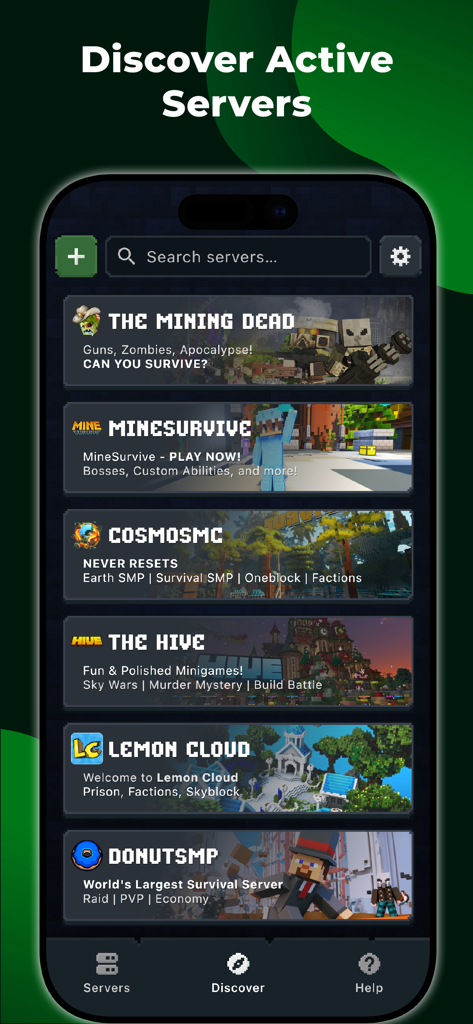 Bedrock Online - Bedrock Online mobile app showing a list of discoverable Minecraft Bedrock Edition servers like The Hive and Lemon Cloud
