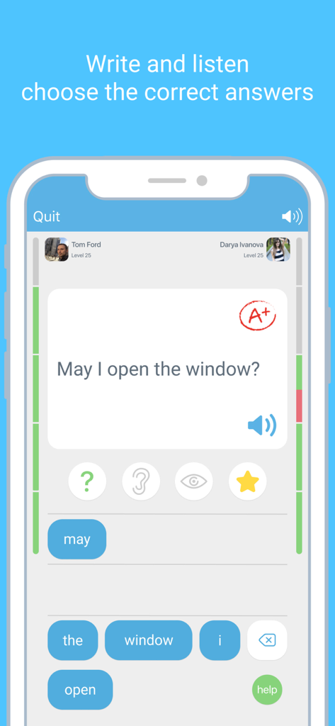 A mobile app screen showing an interactive sentence building exercise on LinGo Play.