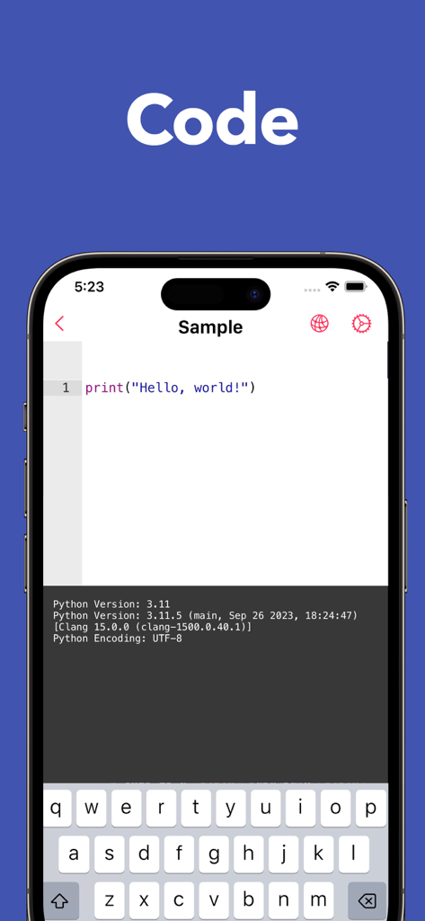 Python3ide mobile app interface showing a Python code editor with a hello world script and terminal output
