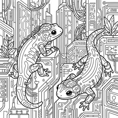 Unleash your creativity with this striking coloring page featuring two cybernetic fire salamanders amidst a dazzling cyberpunk cityscape. Explore intricate details and futuristic designs as you bring this unique world to life.