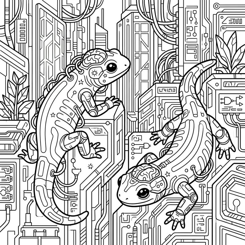 Unleash your creativity with this striking coloring page featuring two cybernetic fire salamanders amidst a dazzling cyberpunk cityscape. Explore intricate details and futuristic designs as you bring this unique world to life.