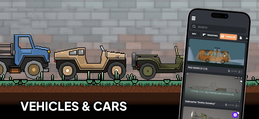 Interface do aplicativo de mod Melon Playground mostrando um catálogo de addons de veículos e carros em estilo pixel art