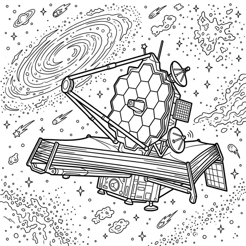 Embark on an epic cosmic journey with this captivating space telescope coloring page. Featuring a marvel of engineering exploring a universe filled with swirling galaxies and twinkling stars, it promises hours of imaginative fun.