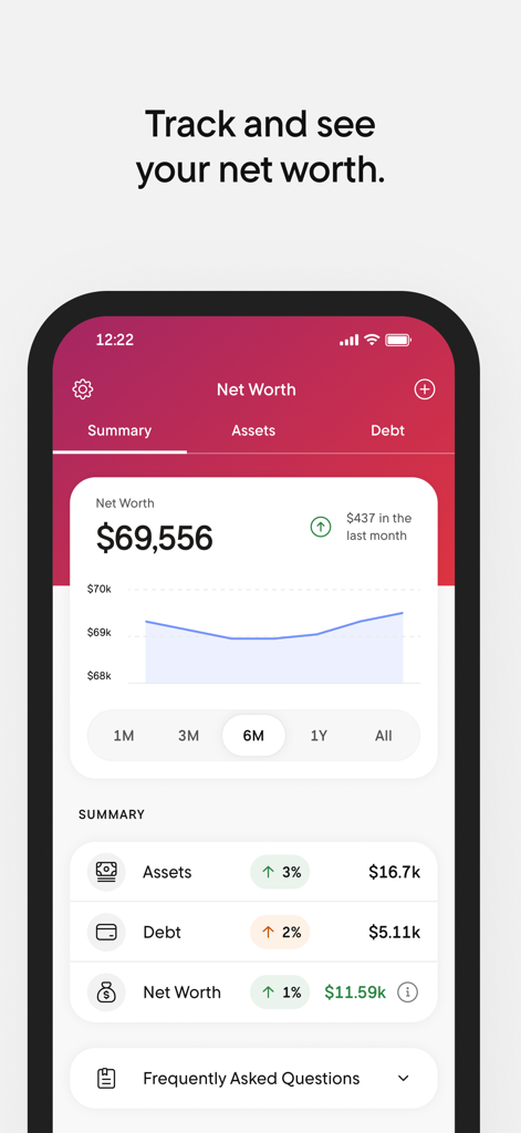 Rocket Money app interface showing a net worth summary with a progress chart assets and debts