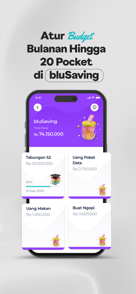 blu by BCA Digital - Benutzeroberfläche der blu by BCA Digital App, die zielbasierte Sparkonten anzeigt.