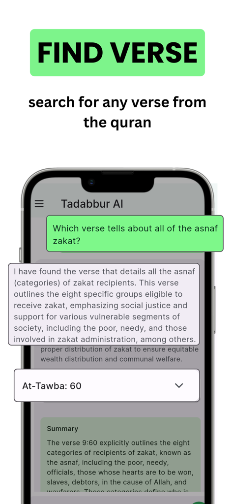 Tadabbur: Quran Journaling - Tadabbur app AI chat interface showing a search result for a Quran verse about Zakat categories.