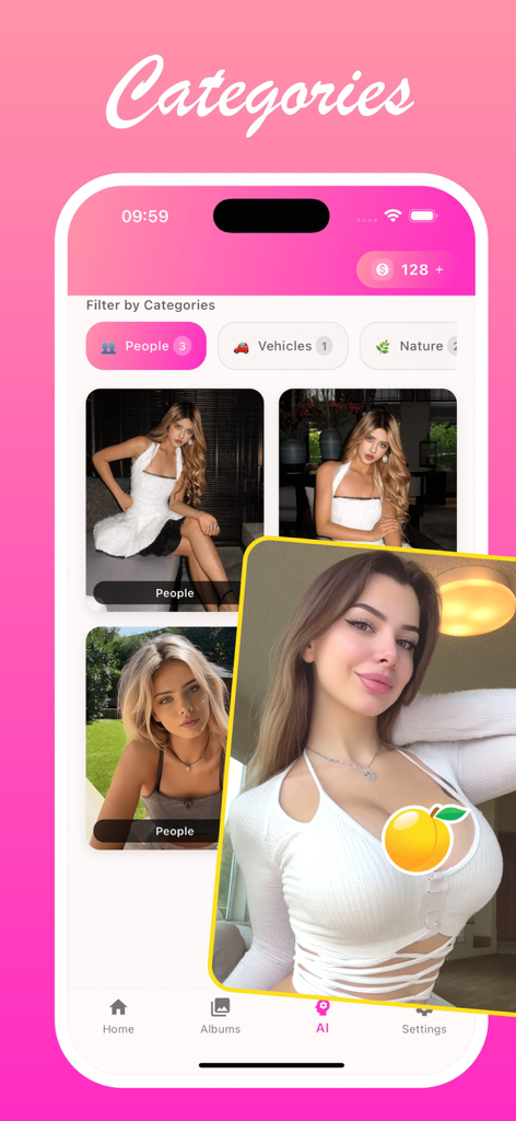 Rubbo app interface showing AI photo categorization and people category filters